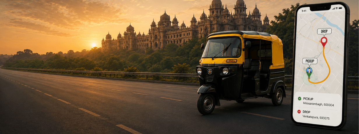 City Rickshaw auto-rickshaw on the road at sunset